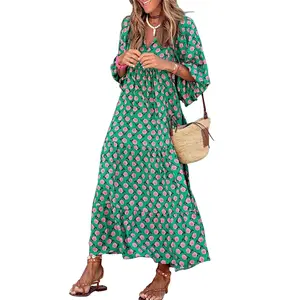 [SummerVibes]Miduo Womens Loose Fit Resort Wear Boho Summer V Neck Half Sleeve Bohemian Geometric Pattern Maxi Long Dresses Womenswear Vacation Outfits Women Fashion Casual