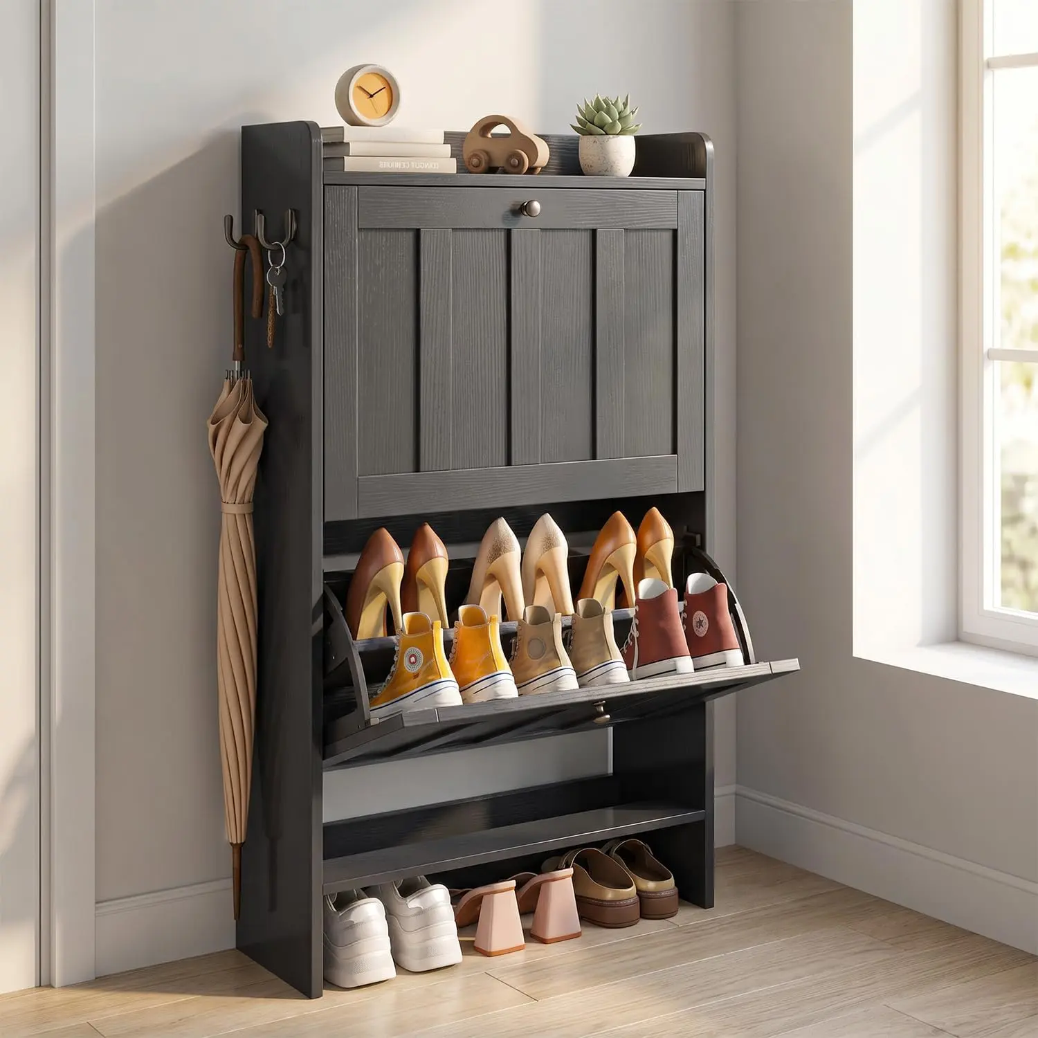 Gizoon Floor-Standing Shoe Rack Organizer - 2 Flip-Drawer Narrow Compartment Floor Cabinet, Dual-Compartment Shoe Storage for Entryway, Home Supplies Storage Holders & Racks,dorm essentials,home decor,dorm room inspo,college dorm essentials,dorm haul