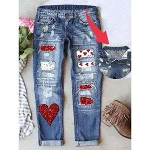 Women's Valentine's Day distressed mid waist boyfriend slim fit jeans with loose heart-shaped print splicing breathable fabric suitable for all seasons