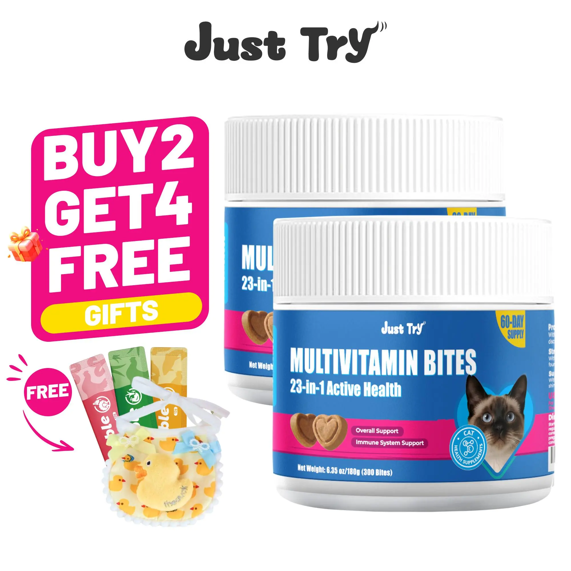 Just Try 23 in 1 Taurine for Cats Vitamins Treats with L-Lysine for Immune, Joint Support Skin & Coat & Heart Health - Multivitamin, HIV Omega 3, Biotin Supplements for Indoor & Senior Cat - 300 Bites #backtoschool