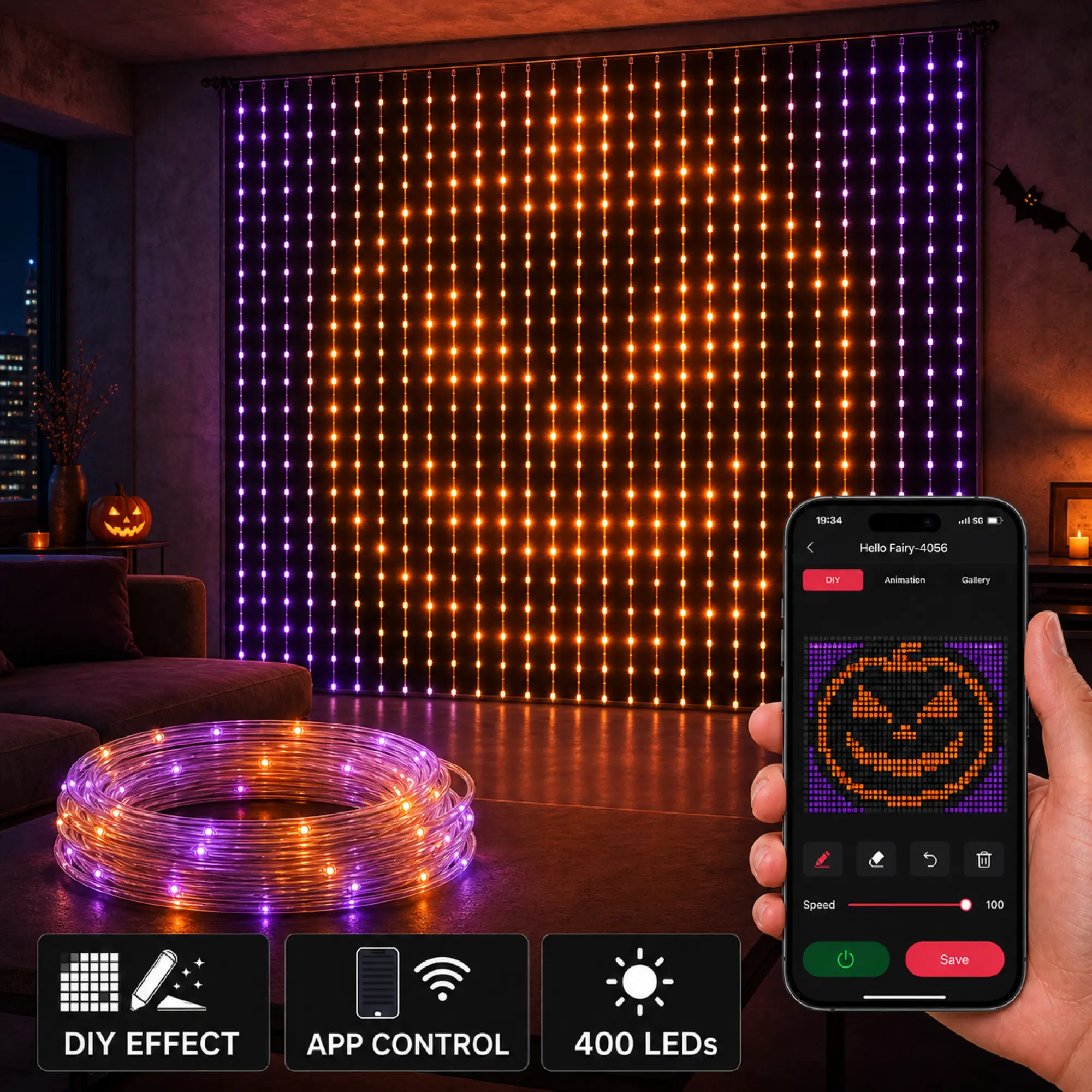 Halloween Smart RGB Pixel Curtain Lights, 400 LEDs with App Control, DIY Text & Custom Patterns, Music Sync, 16M Colors, Color-Changing Window and Wall Backdrop Lights for Bedroom, Party and Holiday Decor, App Controlled Led, Colorful Led Light