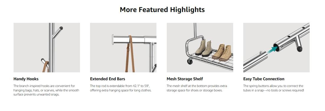 SONGMICS Clothes Rack, Heavy-Duty Rolling Clothing Garment Rack with Wheels, Extendable Hanging Rod and Adjustable Height, Portable, with Shelf and Hooks SONGMICS Clothes Rack, Heavy-Duty Rolling Clothing Garment Rack with Wheels, Extendable Hanging Rod and Adjustable Height, Portable, with Shelf and Hooks