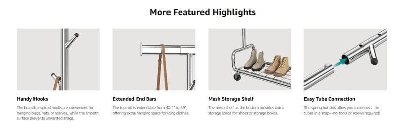 SONGMICS Clothes Rack, Heavy-Duty Rolling Clothing Garment Rack with Wheels, Extendable Hanging Rod and Adjustable Height, Portable, with Shelf and Hooks SONGMICS Clothes Rack, Heavy-Duty Rolling Clothing Garment Rack with Wheels, Extendable Hanging Rod and Adjustable Height, Portable, with Shelf and Hooks
