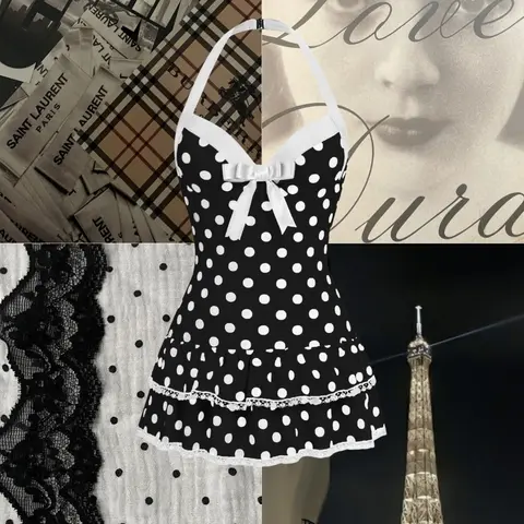 RETRO STAGE Women's Black Vintage 1940s Bow-Halter Polka-Dot High-Stretch 1-Piece Bathing Suit - Black Swimwear, Polka-Dot Retro, Bow-Halter Charm, High-Stretch Fit, Stretchable Beach Swimwear for Outdoor Use