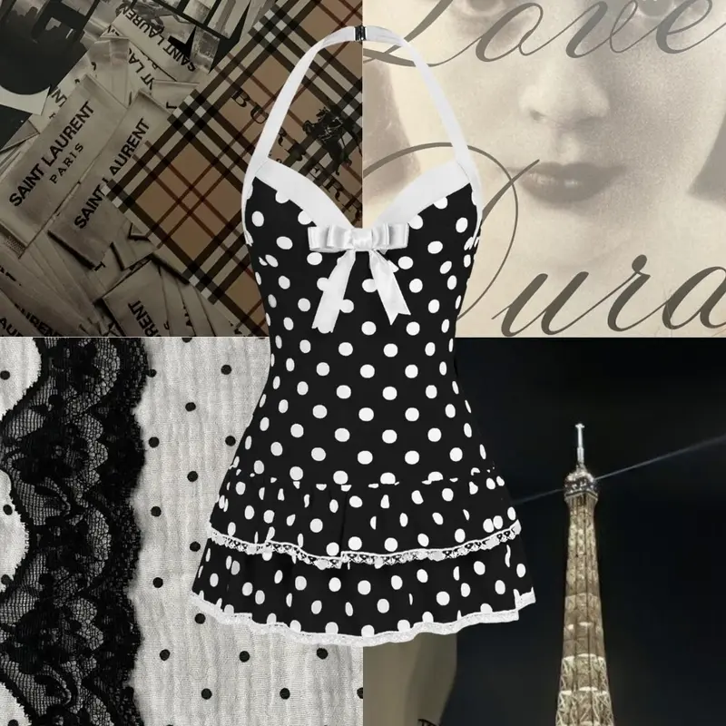 RETRO STAGE Women's Black Vintage 1940s Bow-Halter Polka-Dot High-Stretch 1-Piece Bathing Suit - Black Swimwear, Polka-Dot Retro, Bow-Halter Charm, High-Stretch Fit, Stretchable Beach Swimwear for Outdoor Use