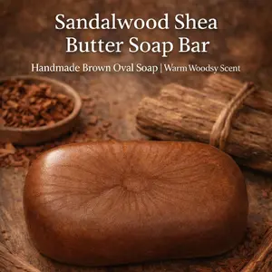 Sandalwood Shea Butter Soap Bar Handmade Brown Oval Shape Warm Woodsy Scent for Moisturizing Skin Care Hydrating Moisturize