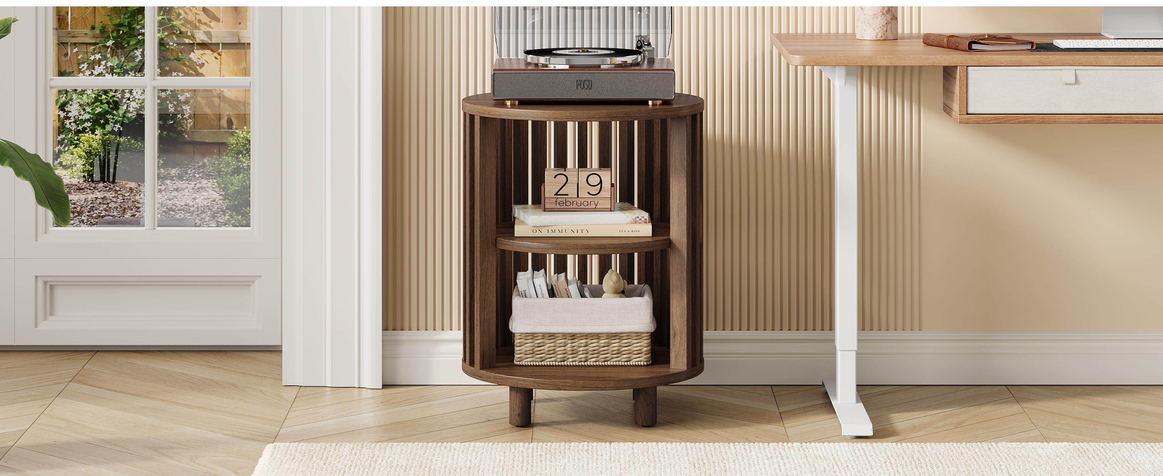 【SPRING GLOW UP】ONBRILL Round End Table, Wood Bedside Table, Mid Century Modern Nightstand with Open Storage Shelf, 3 Tier Small Side Tables for Living Room, Bedroom, Curved Profile Design, Natural Oak(2-Pack)