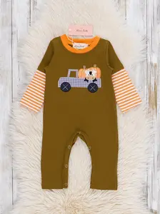Cattle & Pumpkins Express Embroidered Striped Romper