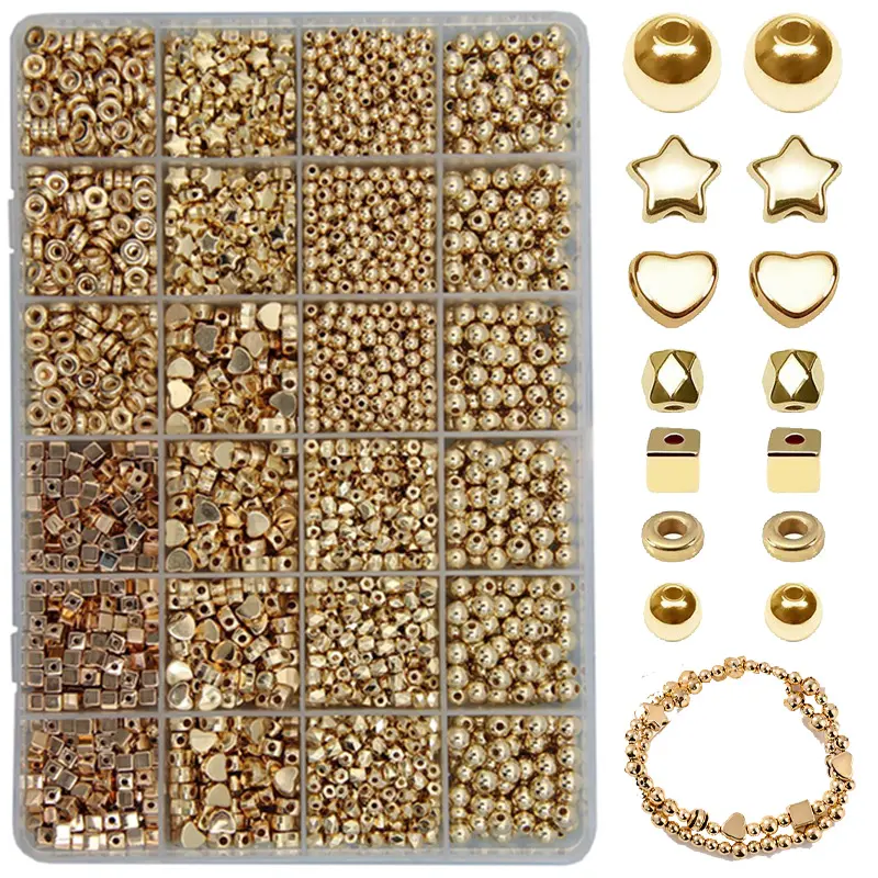 3600pcs Gold Spacer Beads Set, Assorted 6 Shapes Gold Beads Round Star Gold Beads for Bracelet Jewelry Making