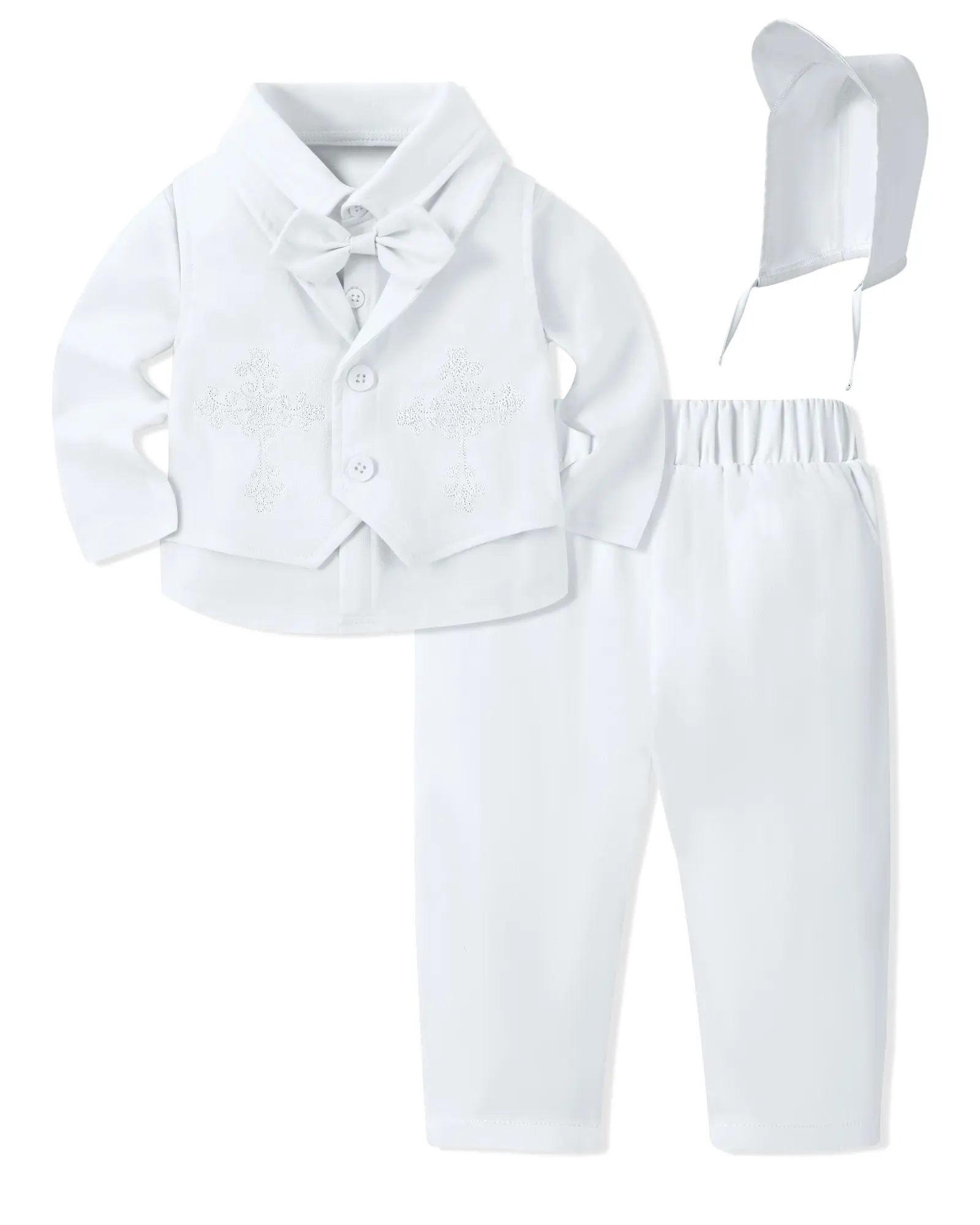 Baby Boy Formal 5-Piece Breathable Fabric Complete Suit Gift Set - 6-24 Months White Christening Baptism Outfits, Long Sleeve Button Shirt, Bow Tie Detail, Elastane Vest, Straight Pants, Hat (for Formal Party, Gentleman Occasions), Baby Clothing, Fitted,,