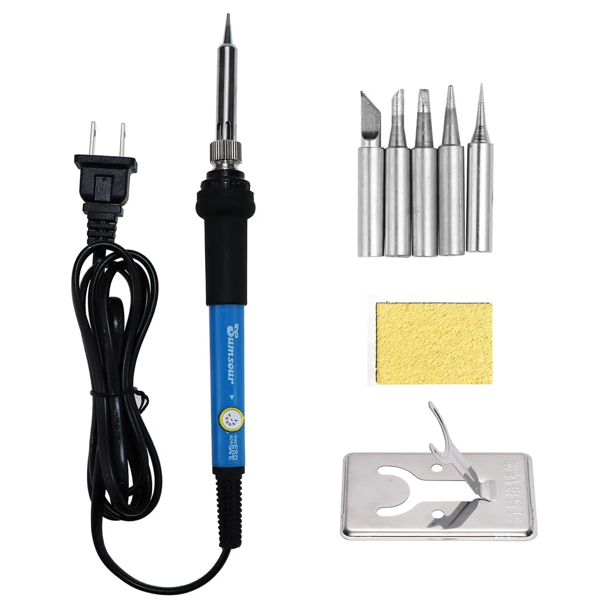 60W Corded Solder Iron Set with Temperature Adjust Function, 110V Electric Soldering Tool (200–450°C) Includes 5 Replaceable Tips, Stand and Sponge, Adjustable Temperature
