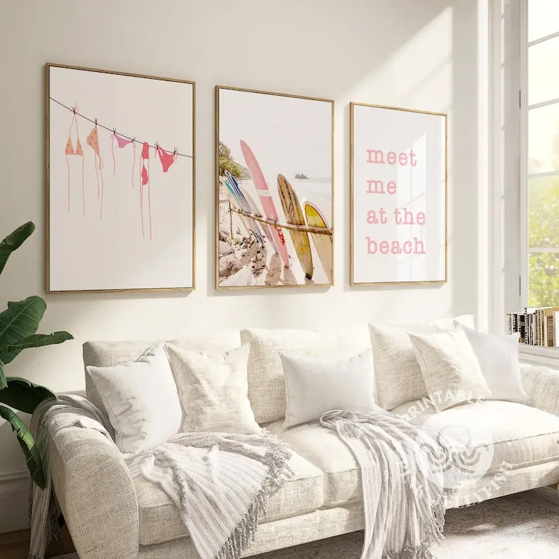 pink beachy wall decor set of 3 prints printable wall art coastal cowgirl beachy wall art , trendy wall art pink dorm room decor digital art