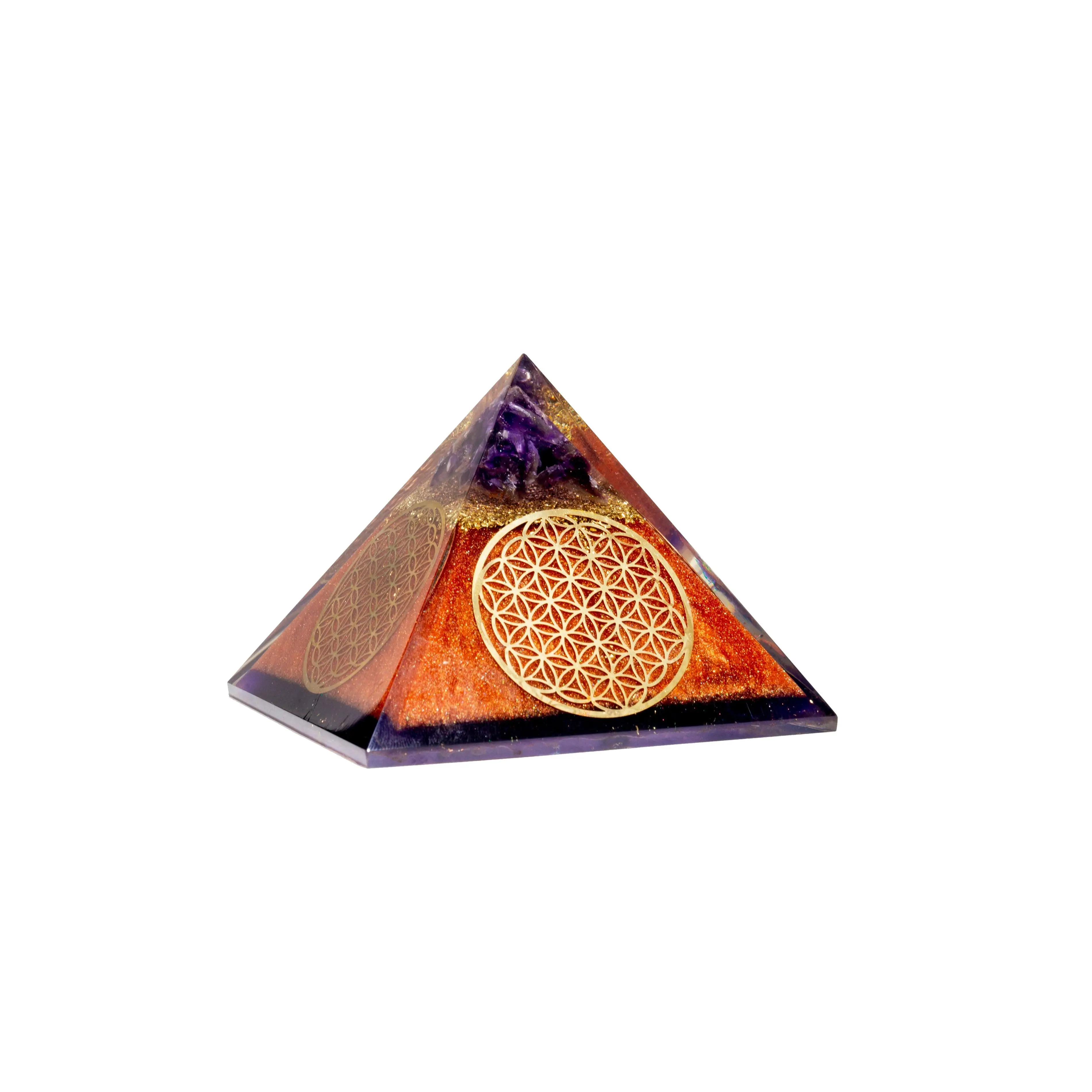 Flower of Life Copper Orgone Pyramid with Amethyst (Authentic- REAL)