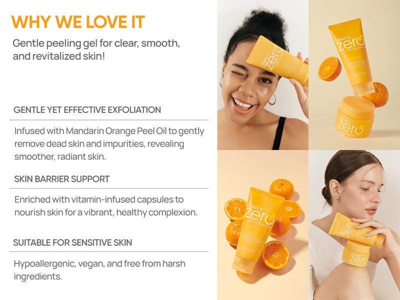 Banila Co Clean It Zero Brightening Peeling Gel Exfoliator 120ML Mandarin-C Extract Hypoallergenic Vegan Lightweight Gel with Vitamin Capsules for Soft Smooth Skin