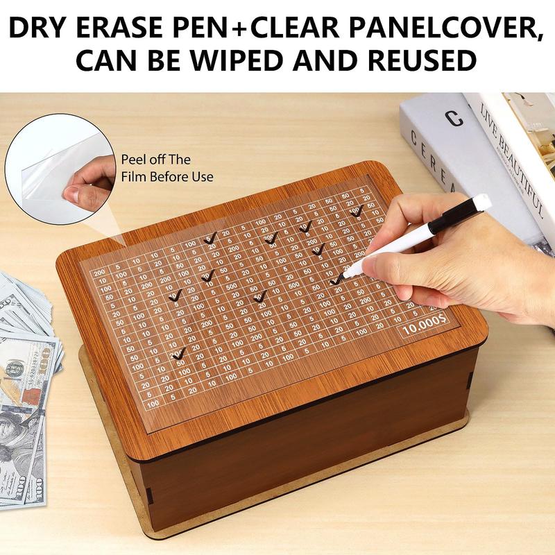 $10000 Larger Size Savings Challenge Box - Cash Vault Wooden Money Savings Box for Adults Kids - Kakeibo Money Bank - Wooden Cash Coin Piggy Bank with Counter and Dry Erase Pen - Brown