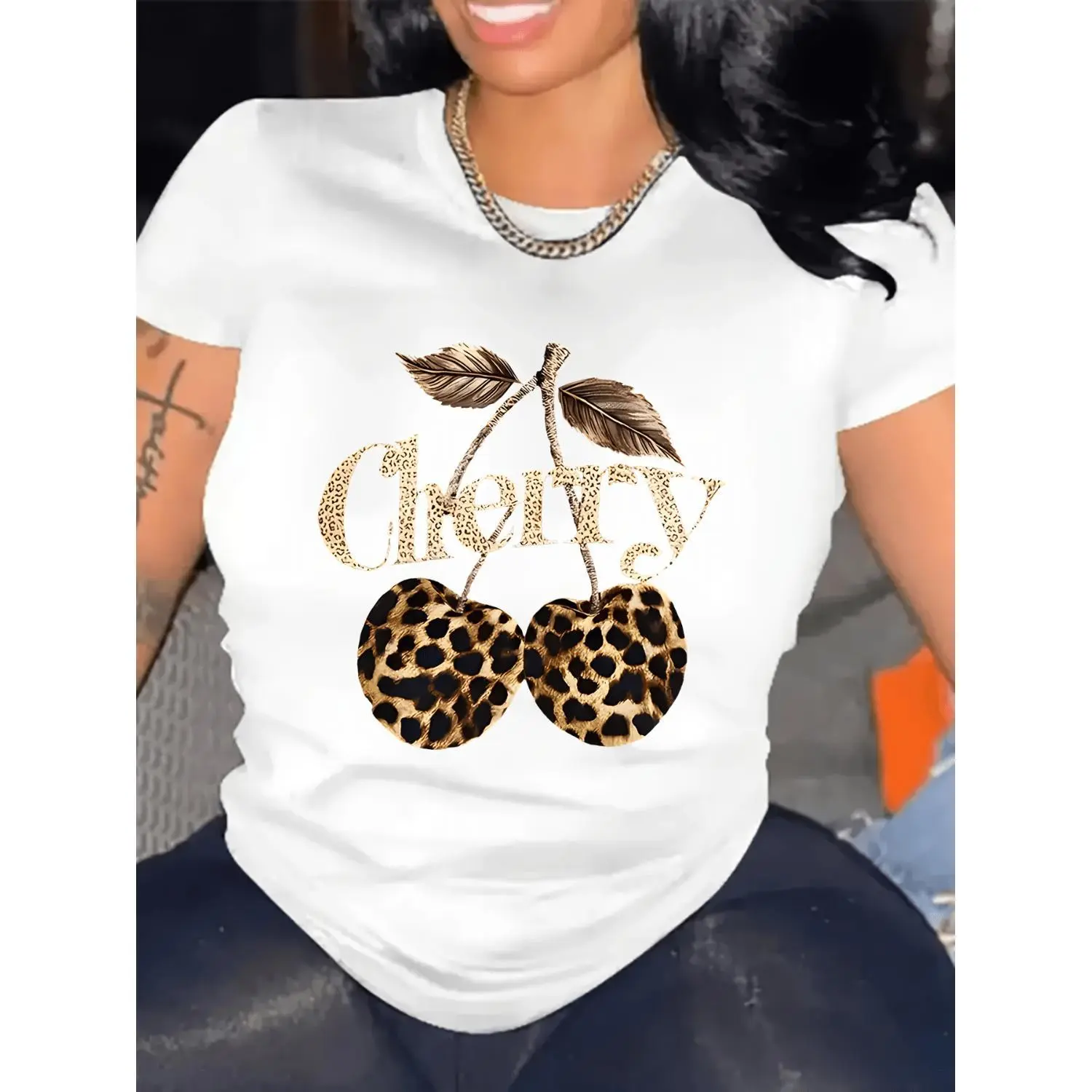 Leopard Print Cherry Pattern, Women's Fashion T-shirt, Comfortable Round Neck Top, Machine Washable, Suitable for All Seasons