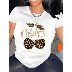 Leopard Print Cherry Pattern, Women's Fashion T-shirt, Comfortable Round Neck Top, Machine Washable, Suitable for All Seasons