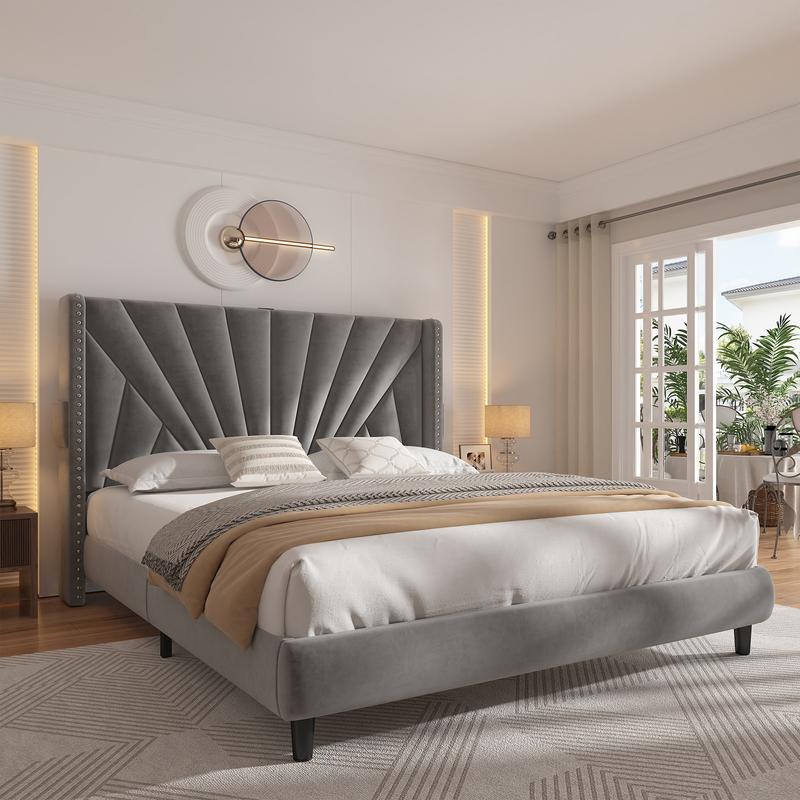 Raybee Full/ Queen/King Size Bed Frame with 51" Velvet Upholstered Headboard, up to 900 LBS ,Platform Bedframe with Charging Station and LED Lights, Wingback Headboard, No Box Spring Needed, Noise-Free[Black Friday]
