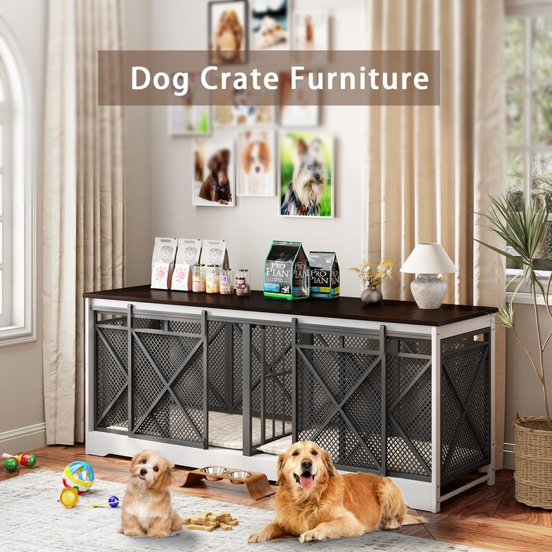 COZPAW 78" Dog Crate Furniture for 2 Dogs,Extra Large Breed Double Chew-Resistant Indoor Pet House,Heavy Duty Wooden XXL Large Kennel, Furniture Style XL Dog Cage, Max 300lbs Capacity (Brown)