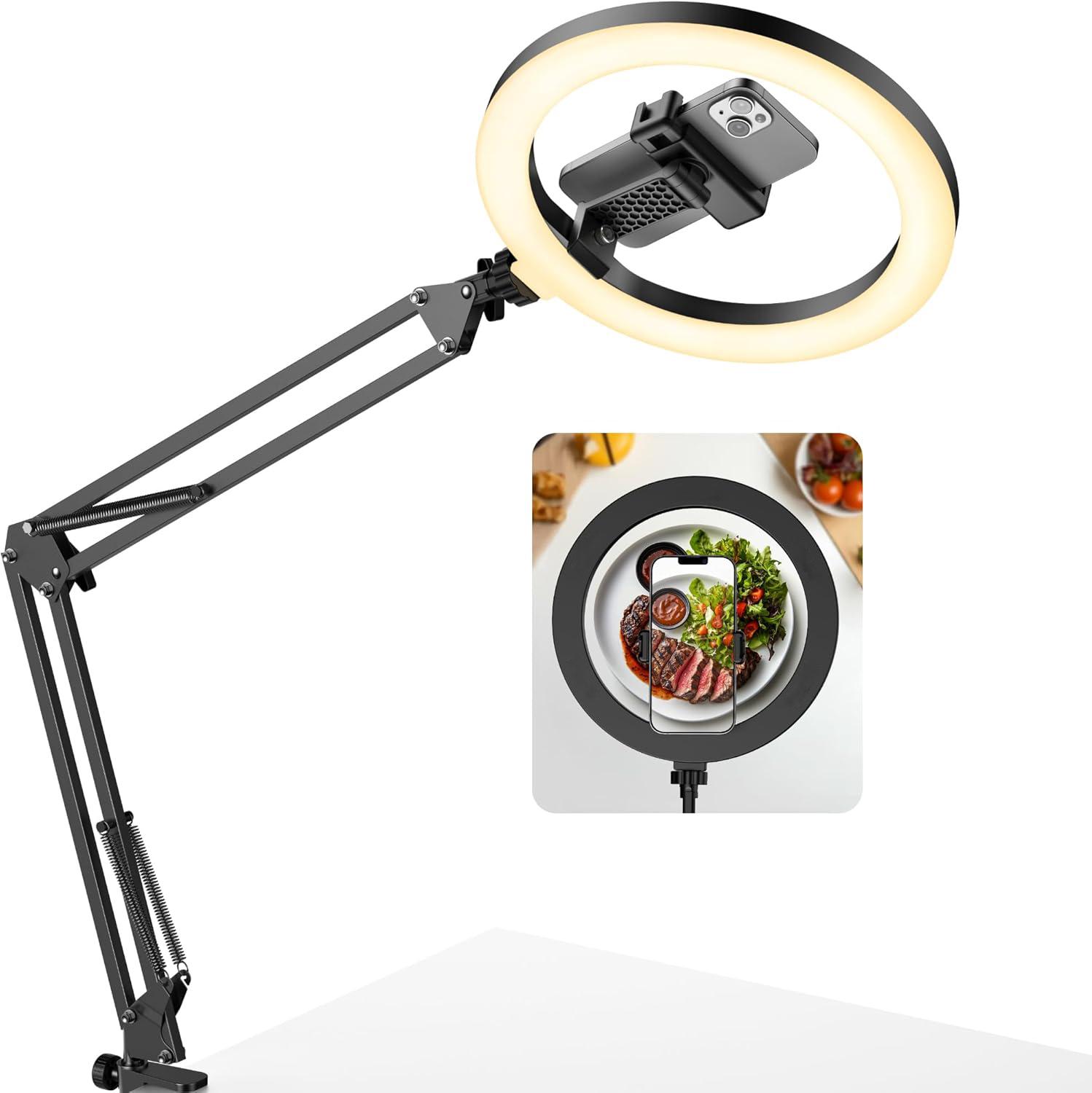 Adjustable Mechanical Arm Phone Mount with 10" Dimmable Ring Light & Remote, LED Selfie Ring Light for Desk with Phone Holder Fill Lamp, 1/4" for Camera, Universal For 4.7-7" Phone, for Selfie YouTube Tiktok Live Stream Cooking Video Recording Vlog