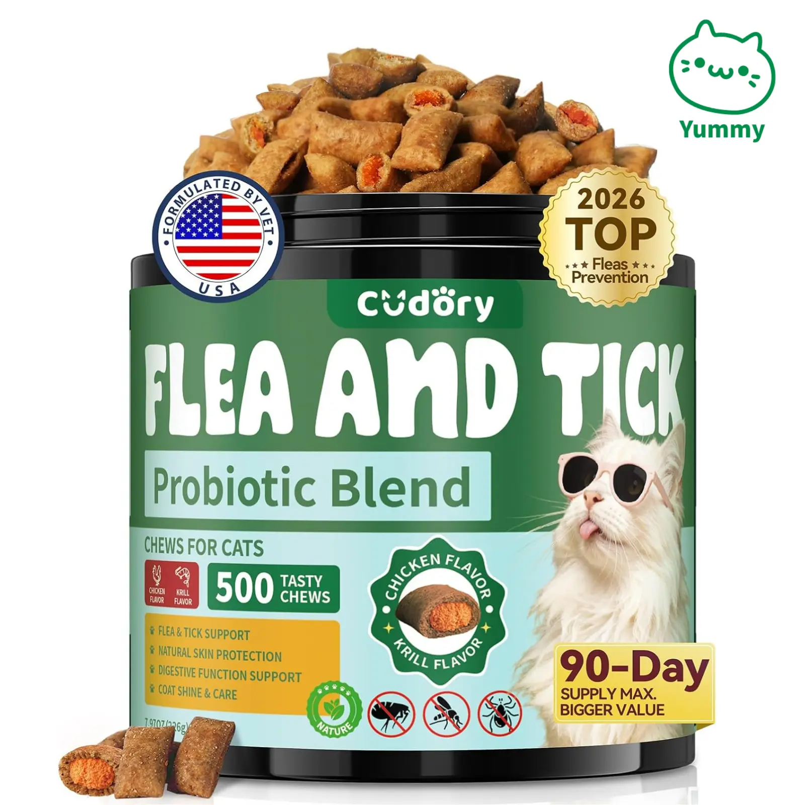 Cudory Cat Flea and Tick Prevention Supplements - 500 Chicken-Krill Flavor Chewables with Probiotic Blend, Zinc, Vitamins, Brewer Yeast, Digestive Aid for Skin & Coat Support