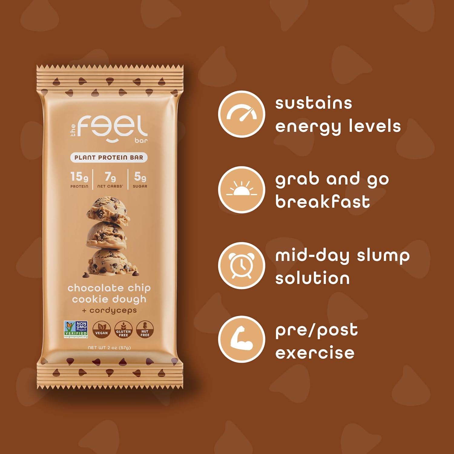 Feel Bars – Vegan Protein Bars | Cookie Dough – 10 Pack | 15g Plant Protein | Cordyceps | Keto | Organic | Gluten Free, No Nuts, No Soy, No Dairy, No Grains