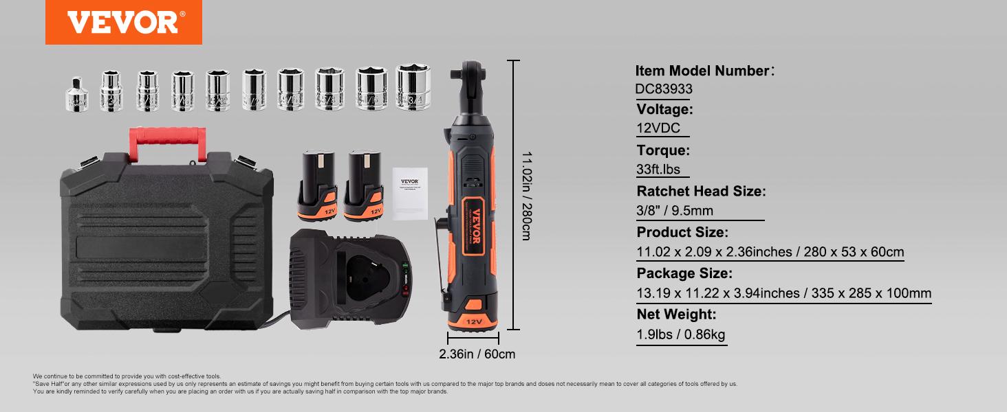 VEVOR 3/8" Cordless Electric Ratchet Wrench Set, TikTokShopBlackFriday, 12V 33 Ft lbs Power Ratchet Tool Kit, 45 Min Fast Charge, 2 Pack 2.0Ah Battery, Built in LED Light
