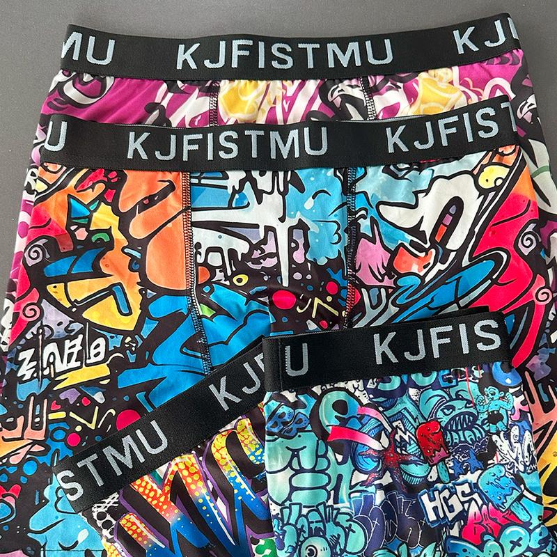4-piece set of men's long printed boxer briefs, elastic and comfortable casual sports underwear, trendy graffiti-style prints, street style, breathable and thin fabric for sports, fitness, and daily wear Menswear Soft