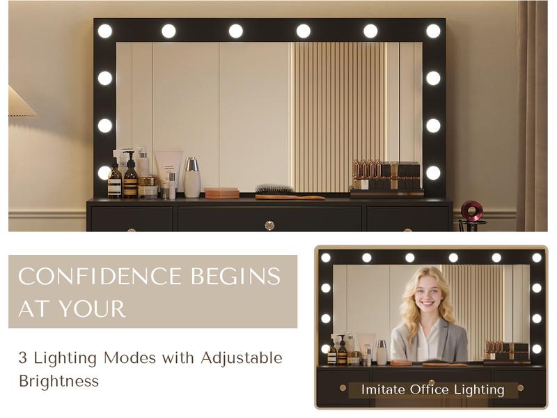 [New Year Deals] Vanity Desk with Large HD Mirror ,9-Drawers Dressing Table Power Outlet,3 Color Modes,12 LED Bulbs for Girls Bedroom,Gift for Daughter Wife & Mom Girls Bedroom Essential