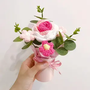 Crochet Medium Rose Flower Bouquet: Handmade Knitted Bouquet for Valentine's Day Mother's Day Birthday Home Decor Girlfriend Wedding Grandma Bday Gift (Pink)