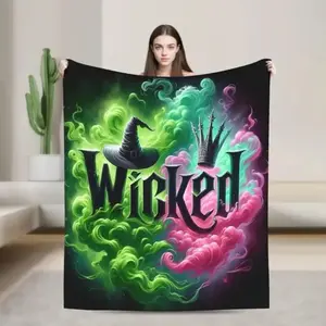 Wicked Anime-Themed Flannel Blanket - Vibrant Witch Hat Crown Design,Soft All-Season Throw For Living Room,Sofa, Office Travel - Multi-Purpose Home Decor Accessory,Animeinspired Design, Comfortable Texture,Playful Pattern,Warm Material, Cozy Life