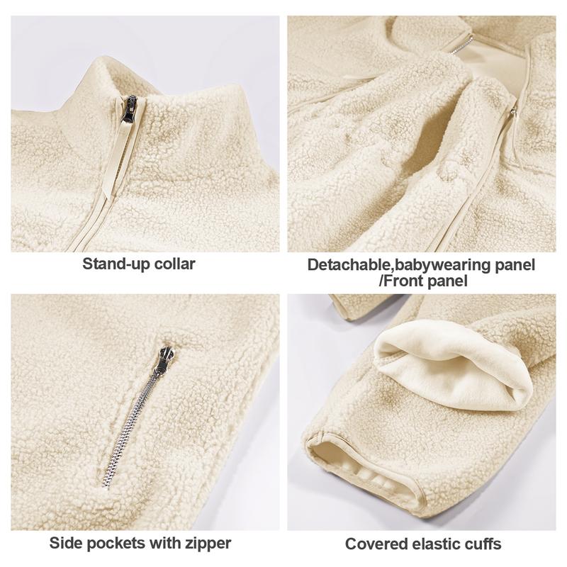 Pwest MAMA Women Before & After Babywearing Fleece Jacket Soft Teddy Fleece, Long-sleeve Zippered Jacket with Pocket, Detachable Babywearing Panel, Winter Warmth, 2 in 1 Design-Cream-BlackFriday