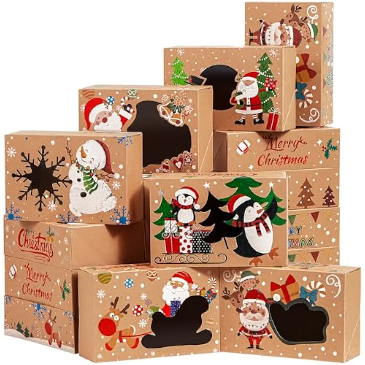 12PCS Christmas Cookie Boxes for Gift Giving, 8.75" x 5.75" x 2.75" Xmas Holiday Bakery Treat Boxes with Window, Kraft Cookie Tin Container Box for Baked Goods, Cupcake, Pastry, Candy, Doughnut