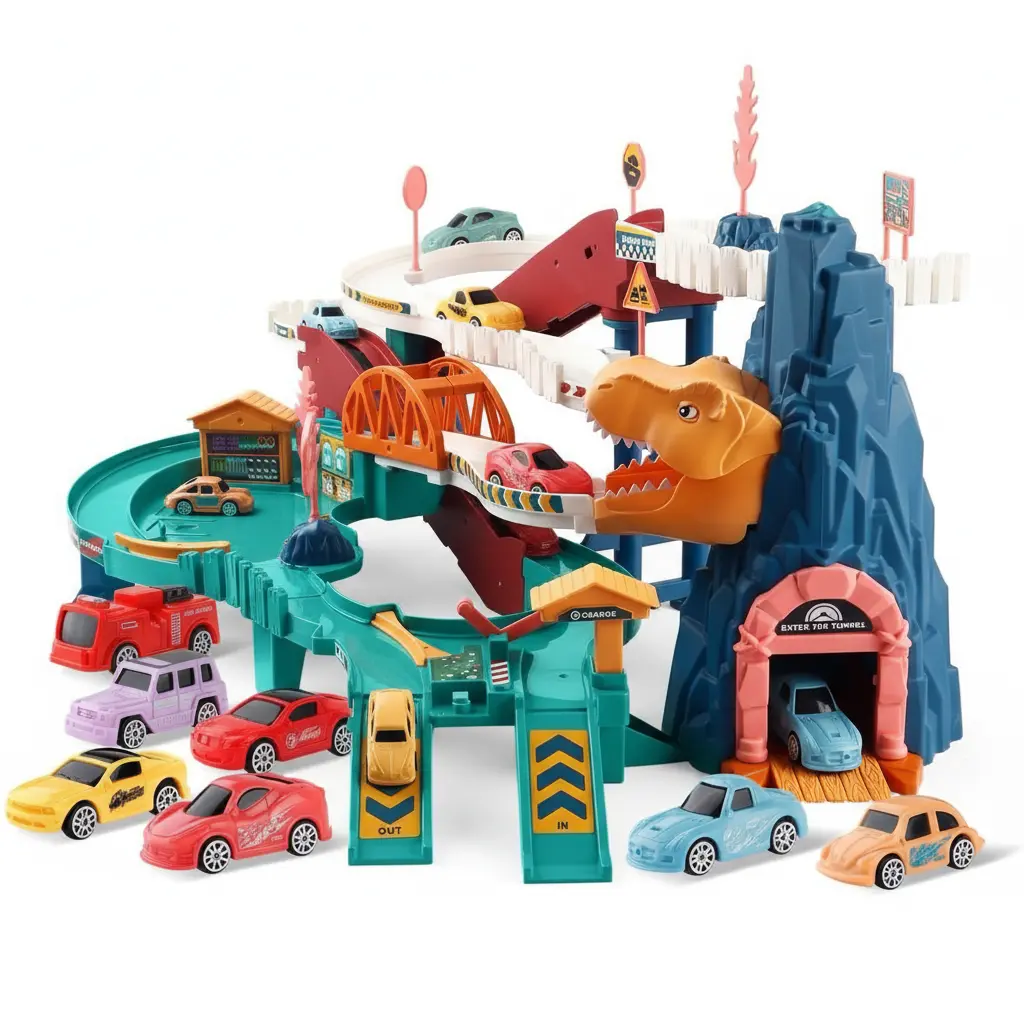 Dinosaur Race Track Set for Kids – Giant Adventure Garage Playset with Cars, Loops & Construction Toys Imaginative Interactive