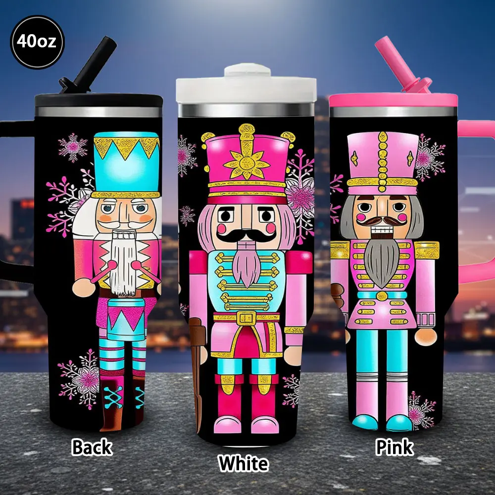 1pc 40oz Colorful Nutcracker Soldier Pattern Tumbler with Lid and straw, Winter Insulated Travel Mug, Gift for Women Men, Ideal for Valentine's Day, Birthday Gift, Coffee Cup for Office