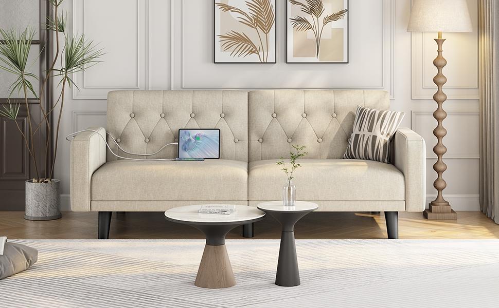 Yaheetech 63in Convertible Futon Sofa Bed Couch Split-back Sleeper w/ USB Ports for Living Room, Guest Room, Apartments, Guest Rooms