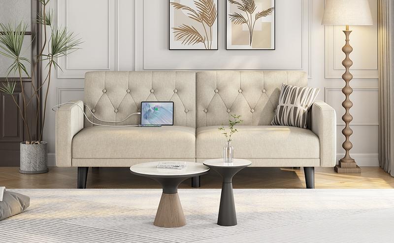 Yaheetech 63in Convertible Futon Sofa Bed Couch Split-back Sleeper w/ USB Ports for Living Room, Guest Room, Apartments, Guest Rooms