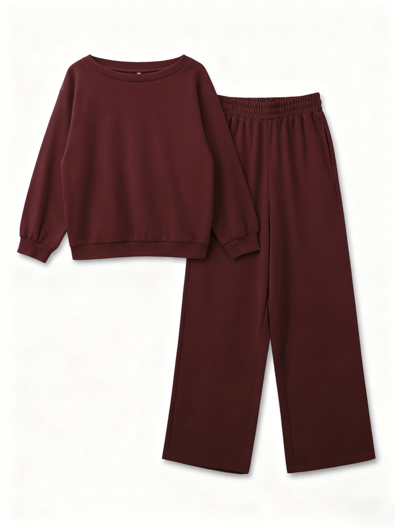 USBOUTIQUE CHIC Women's Leisure Solid Color Sloping Shoulder Long Sleeve Top & Wide Leg Trousers Co-ord, Cozy Scoop Neck Loose Two Piece Outfits, Basic Womenswear