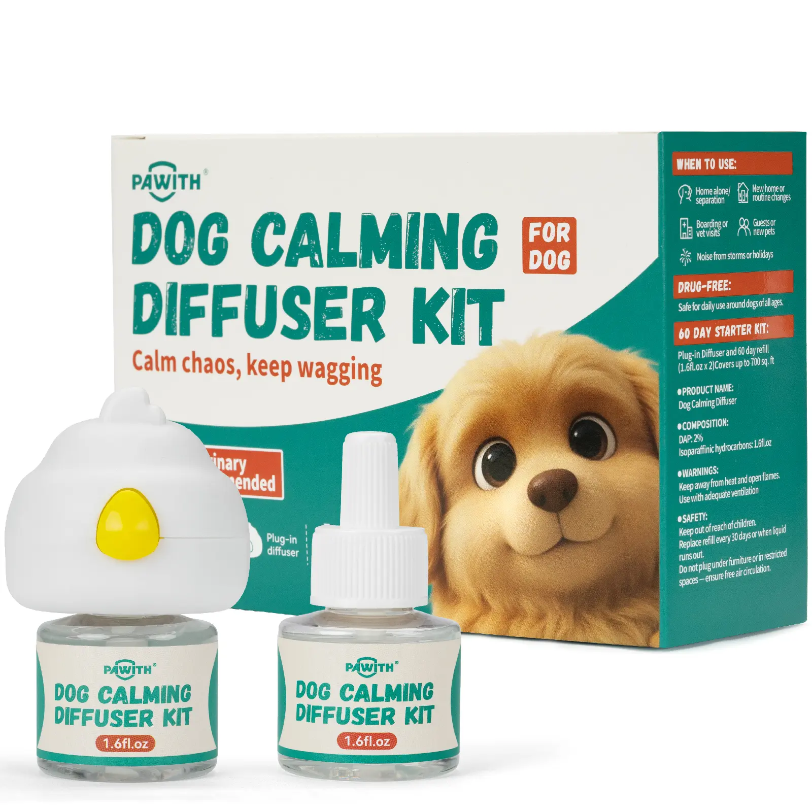 PAWITH 60-Day Dog Calming Diffuser - for Stress, Destructive Behavior, Pee Accidents, Separation Anxiety, Barking, Aggression & Chewing - 60-Day Refill Included