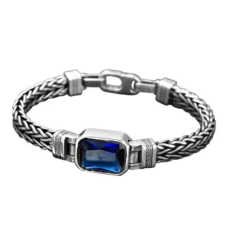 S925 Sterling Silver Male Bracelet - Retro Handcrafted Braided Chain, Bold Blue Sapphire, Geometric Engraved, Antique Oxidized Finish, Secure Push-Lock Clasp, Sturdy Daily Wear for Style-Focused Men