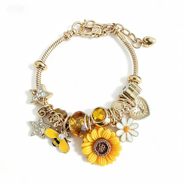 Sunflower Bee Charm Bracelet, Gold Snake Chain Beaded Bracelet with Daisy, Rhinestone Star & Yellow Crystal Beads, Adjustable Boho Floral Wrist Jewelry, Cheerful Summer Gift for Women Teen Girls Flower Lovers