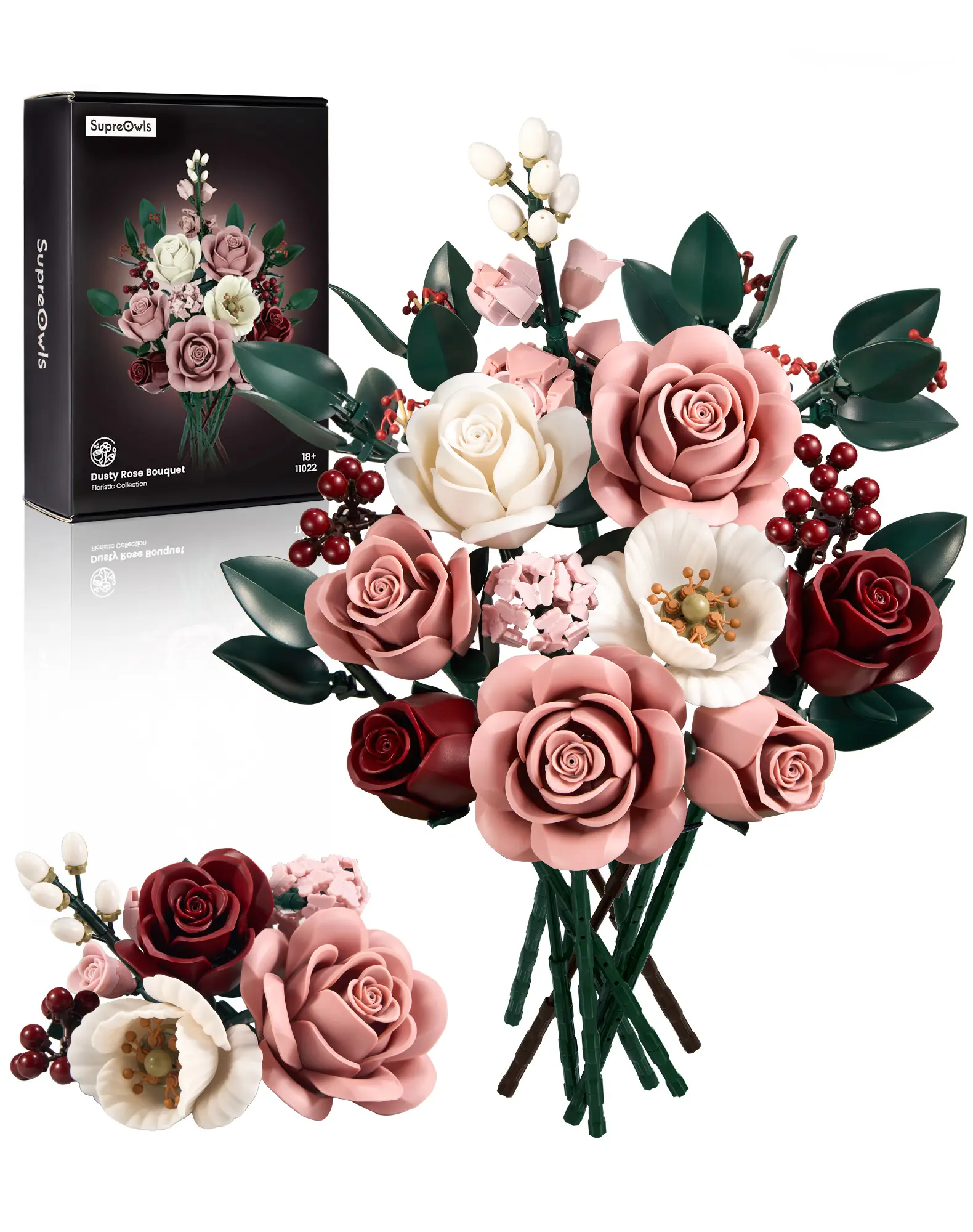 Supreowls Blush Pink Rose Flower Bouquet Building Set - ABS Plastic Botanical Blocks Kit for Adulting Women, Decorative Ornaments, Room Decor, GF Gift, Flowers