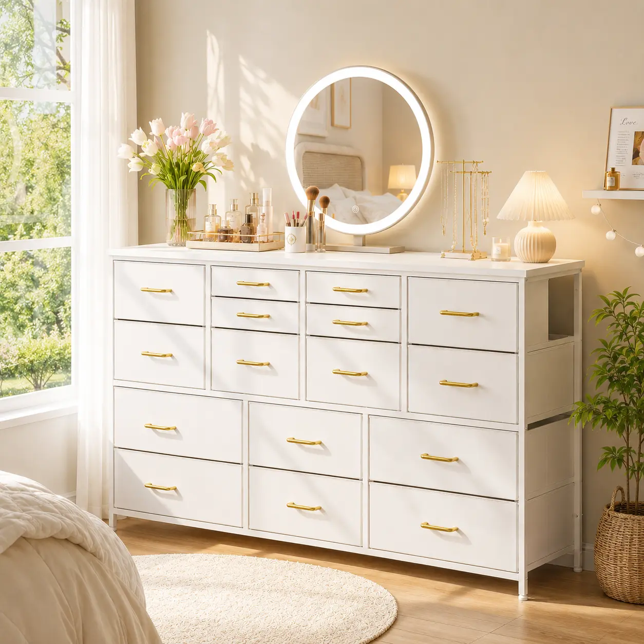 Raybee 51" Width Rectangle Bedroom Dresser - 16 Drawers, Heavy-Duty Metal Frame, Wood Top, Modern Multifunctional Furniture with TV Stand & Multimedia Centre Storage, Large-Capacity Organization, Room Decor, Drawers For Bedroom
