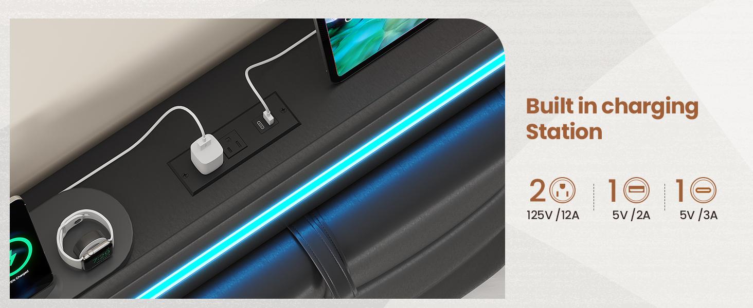 Sikaic LED Bed Frame with Storage Headboard 4 Drawers and Charging Station Leather Upholstered  Button Tufted Platform Bed Frame No Box Spring Needed Black PU