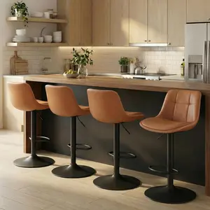 Stools, Set of 4 Swivel Bar Chairs, Adjustable Height, Quilt, Synthetic Leather Kitchen Stools with Back and Footrest, Dining Room, Counter, Steel, Caramel Brown
