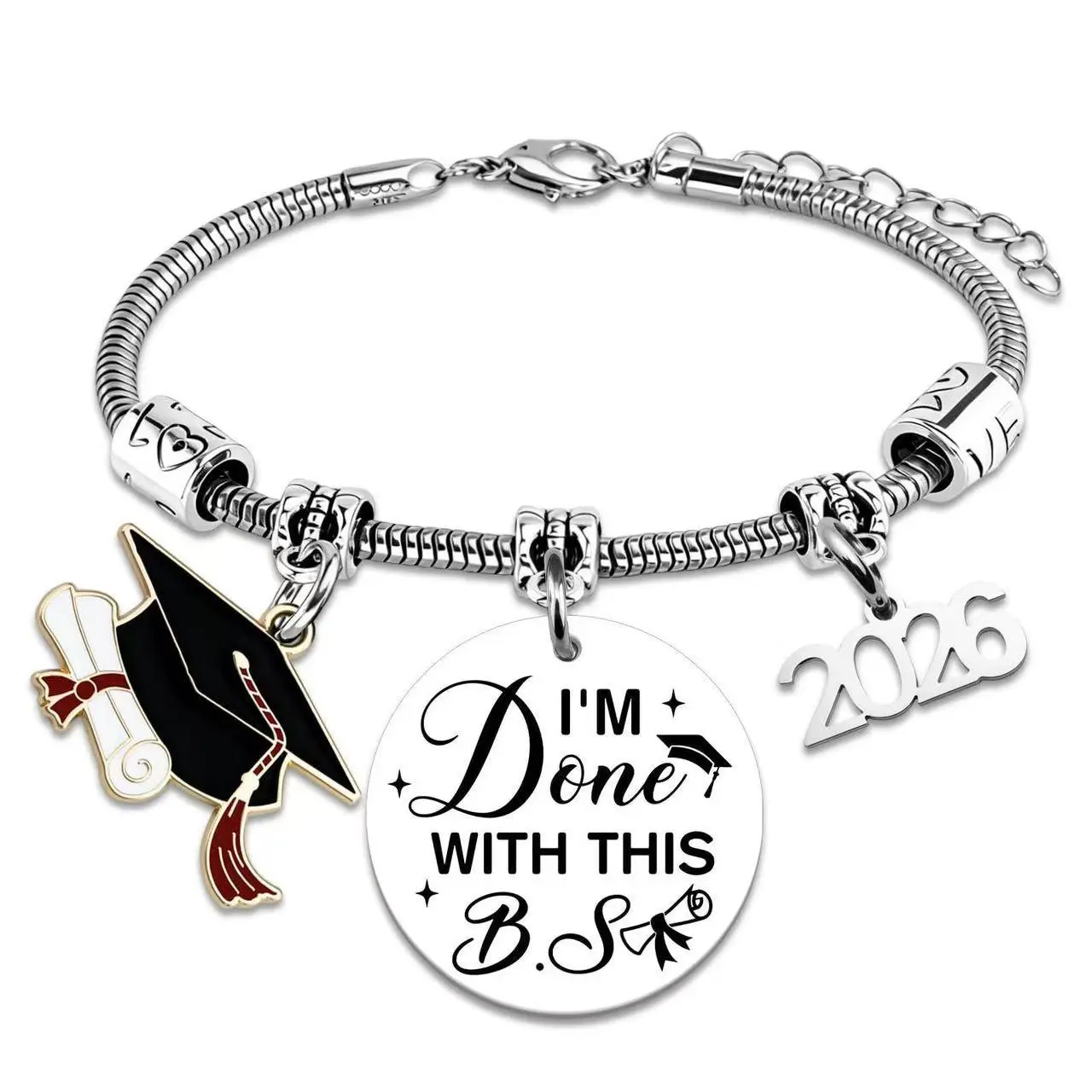 Class of 2026 Graduation Charm Bracelet, I'm Done With This B.S. Humorous Graduation Jewelry Gift for Women, Silver Plated Snake Chain Bracelet with Grad Cap, Diploma & 2026 Charms, High School/College Graduation Gifts for Friends