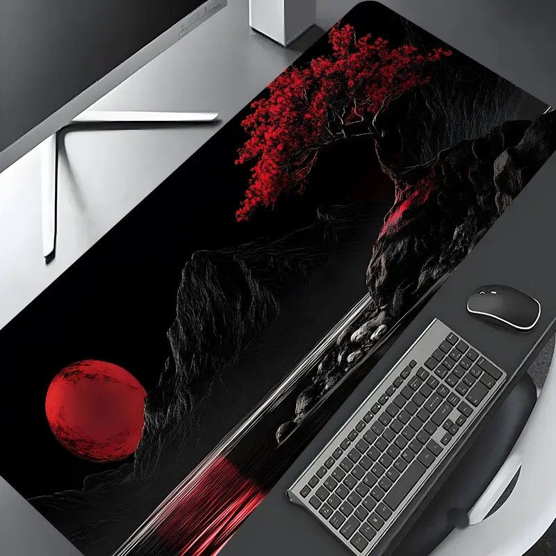 Japanese Dark Red Moon Tree Design Large Gaming Mouse Pad, Aesthetic Desktop Protection, Washable Rubber Non-Slip Locked-Edge Multi-Size Design, Suitable for Home Office, Computer Accessories for Desk