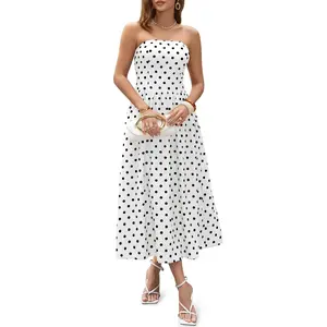Wenrine Women's Polka Dot Strapless Dress Summer Smocked Tube Top Casual Sleeveless Swing Flowy Maxi Dresses with Pokets