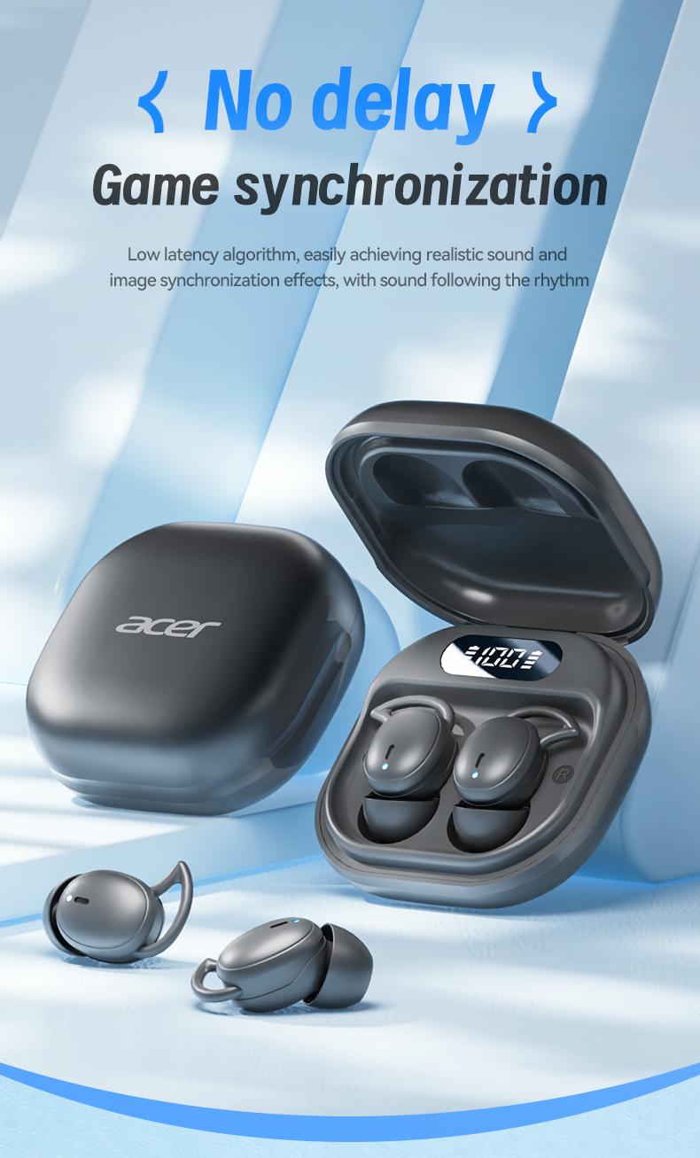 Acer OHR507 New Model Wireless Sleep-Friendly Wireless Earbuds - Comfortable Silicone In-Ear, High-Quality Sound, Long Battery Life, USB-C Charging, Touch Control,Adult Earbud Headphones Audio Headset Electronic stereo sound headphone Soft Earpads Black