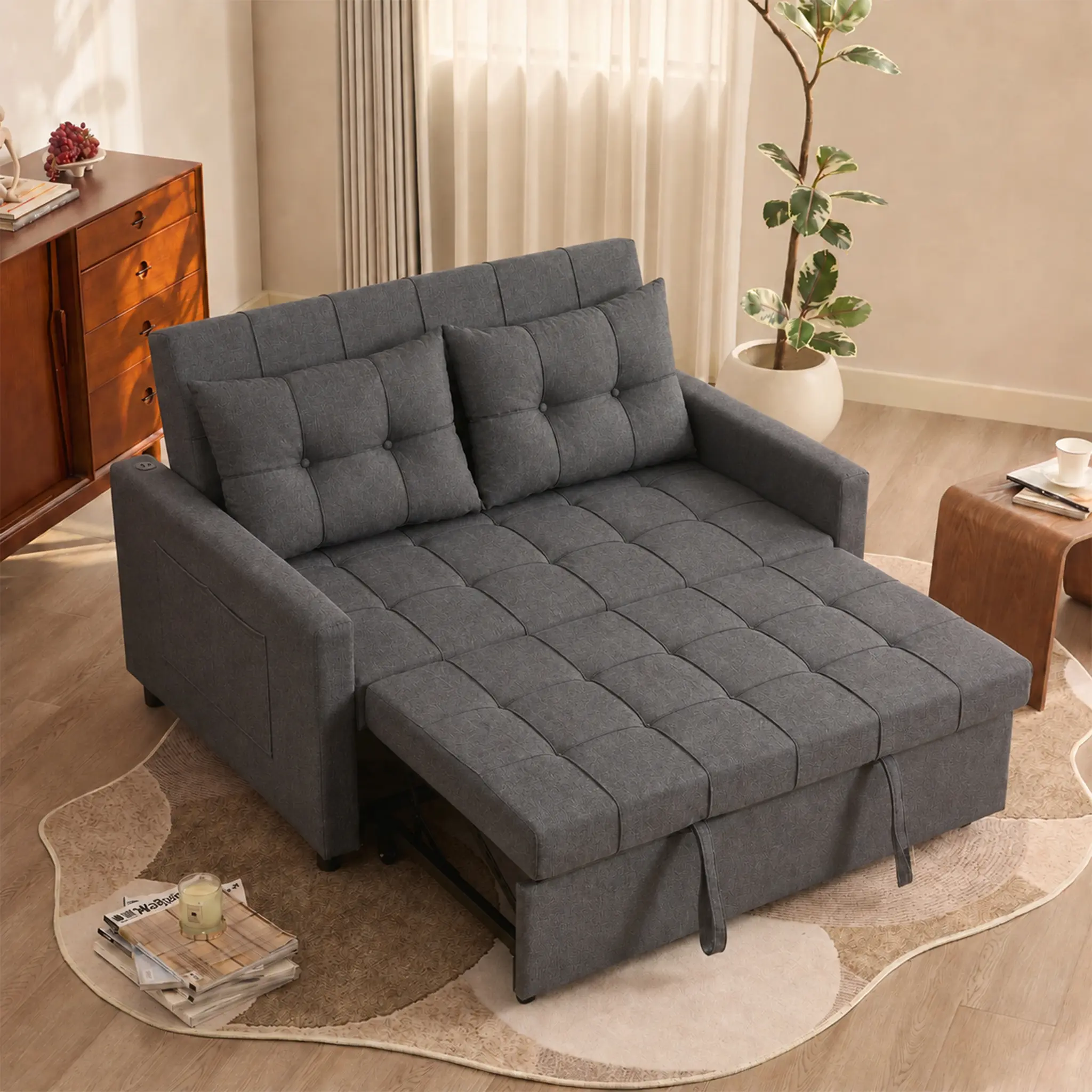 GOSUHI 52" Sleeper Sofa with Pull-Out Bed, couch,3-in-1 Convertible Sofa Bed, Loveseat with Stepless Adjustable Backrest and Side Pocket, for Living Room Dorm Apartment,Day bed,,sofas para sala